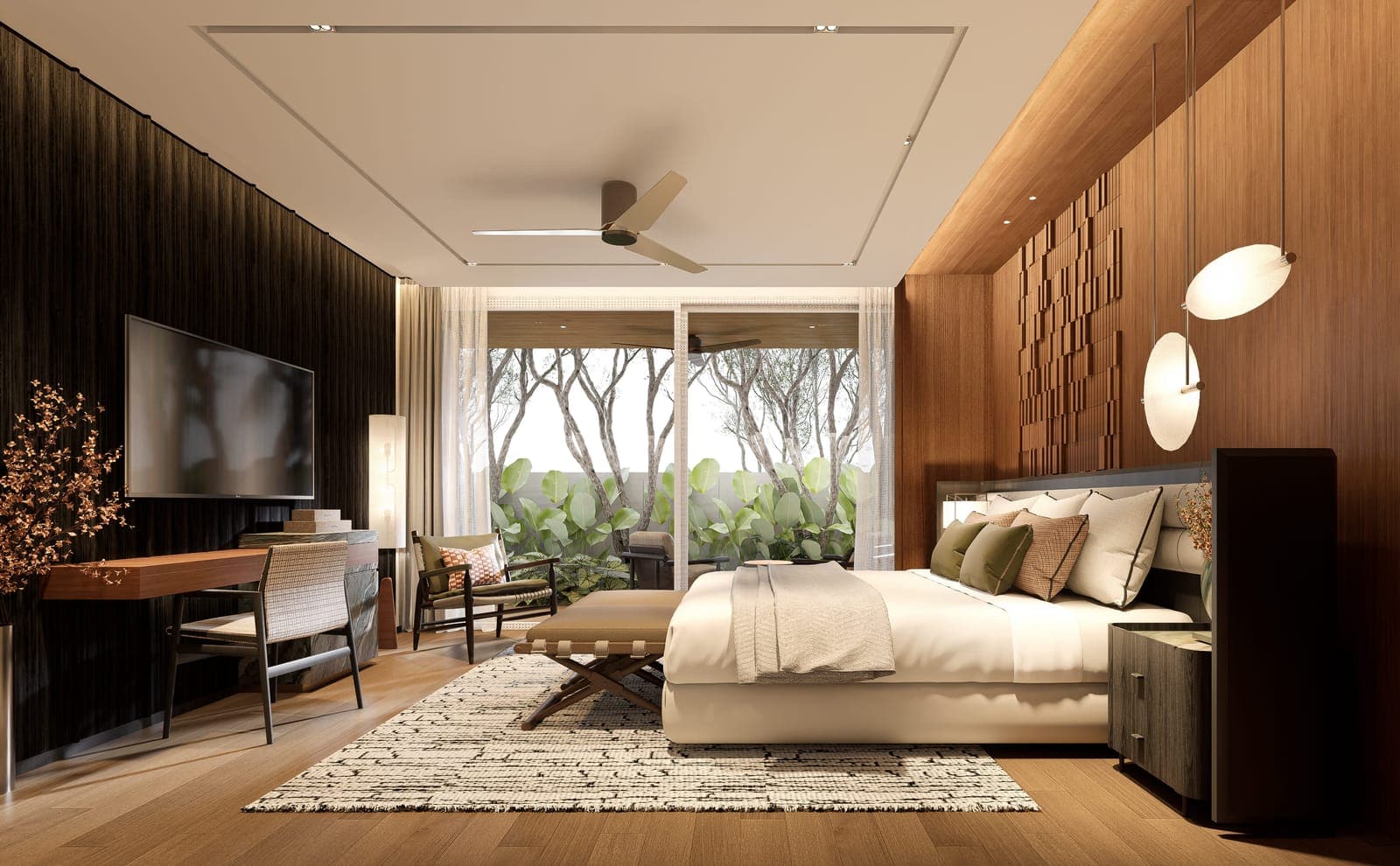 Banyan Tree Beach Residences Nerea 一個住宅主人房的效果圖,設木牆,窗外是樹林