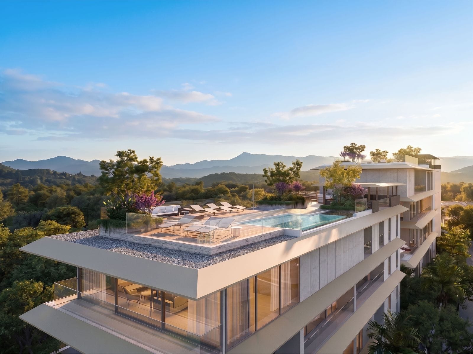 從上方俯瞰 Banyan Tree Beach Residences Nerea 一個複式頂層單位天台的效果圖:泳池、躺椅及用餐平台,遠處是山丘