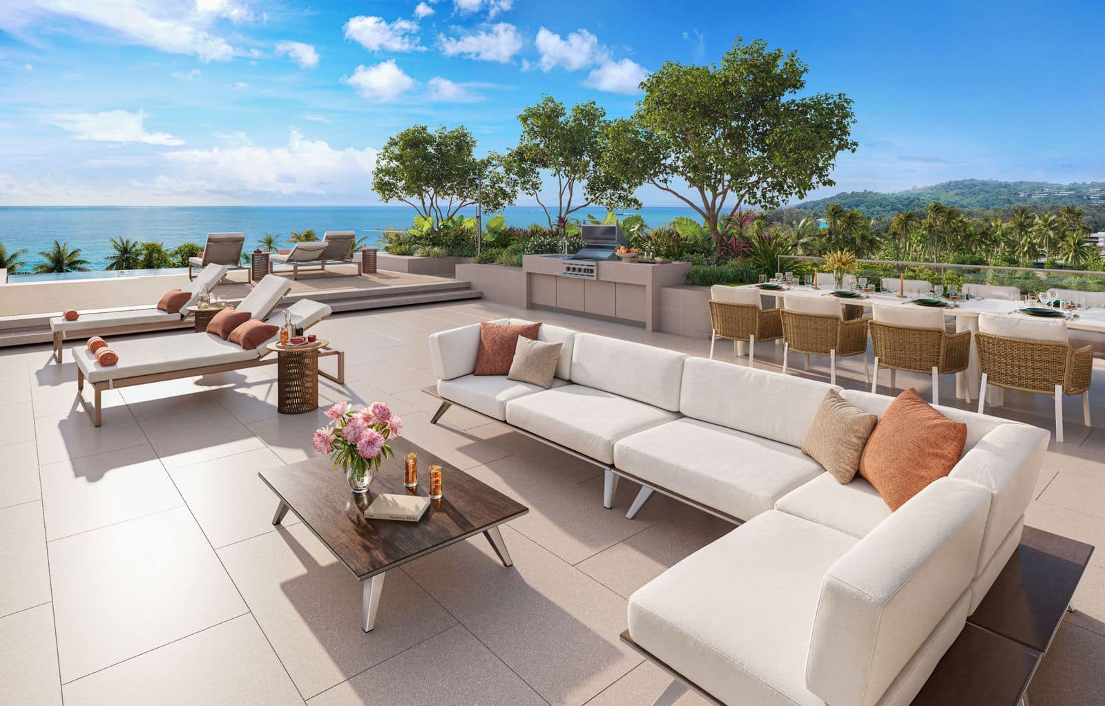 Banyan Tree Beach Residences Nerea 一個複式頂層單位天台的效果圖:休憩區、戶外廚房及餐檯,遠處是大海