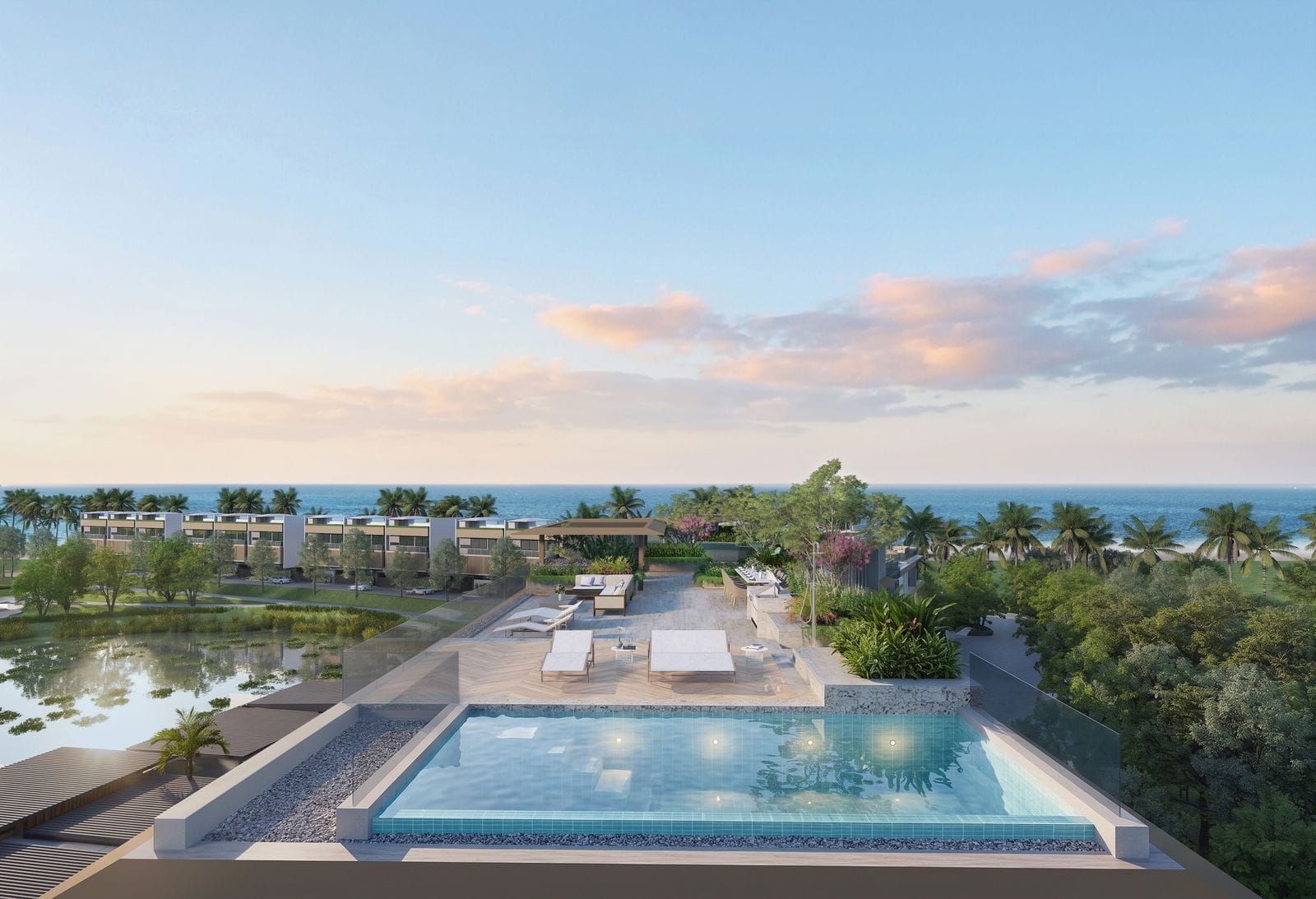 Banyan Tree Beach Residences Nerea 一個頂層單位天台泳池的效果圖,越過 Nammu 聯排住宅望向大海
