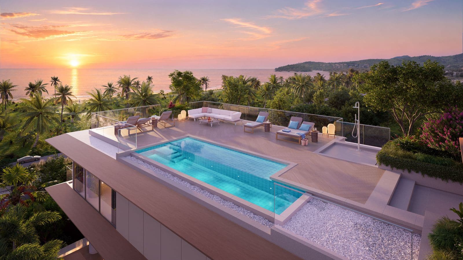 日落時 Banyan Tree Beach Residences Nerea 一個複式頂層單位天台泳池的效果圖,遠處是棕櫚樹與大海