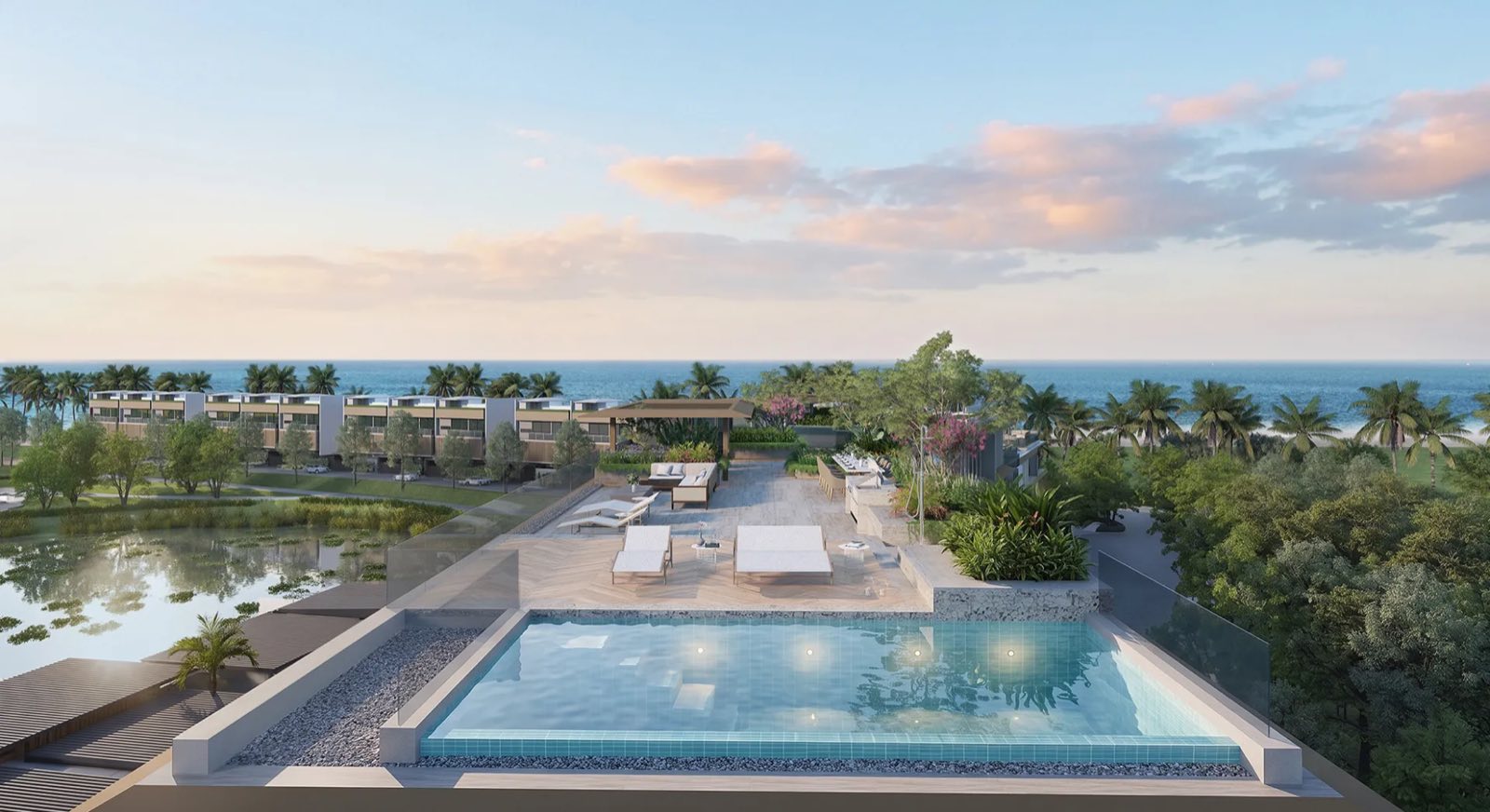 ภาพจำลองที่สร้างด้วยคอมพิวเตอร์ของลานดาดฟ้าของยูนิตบนที่ Banyan Tree Beach Residences Nerea สระหลังราวกระจก เตียงพักผ่อนและลานรับประทานอาหาร ลากูนอยู่ด้านหนึ่งและทะเลอยู่เลยป่าชายหาดออกไปด้านหน้า