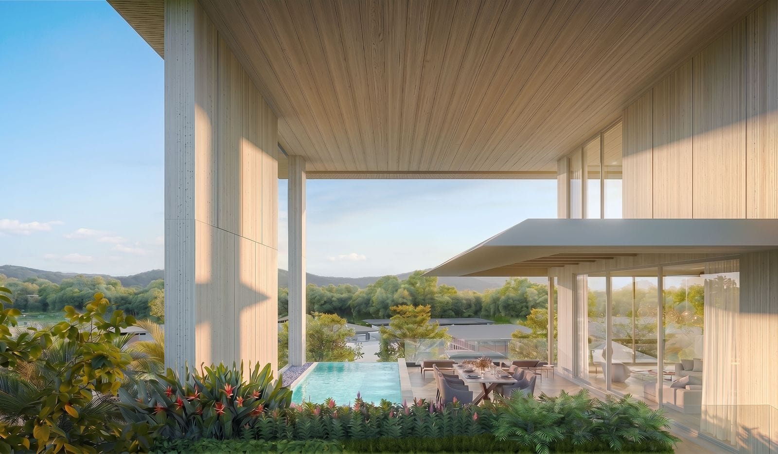 Banyan Tree Beach Residences Nerea 一個下層複式有蓋起居露台及泳池的效果圖,望向潟湖