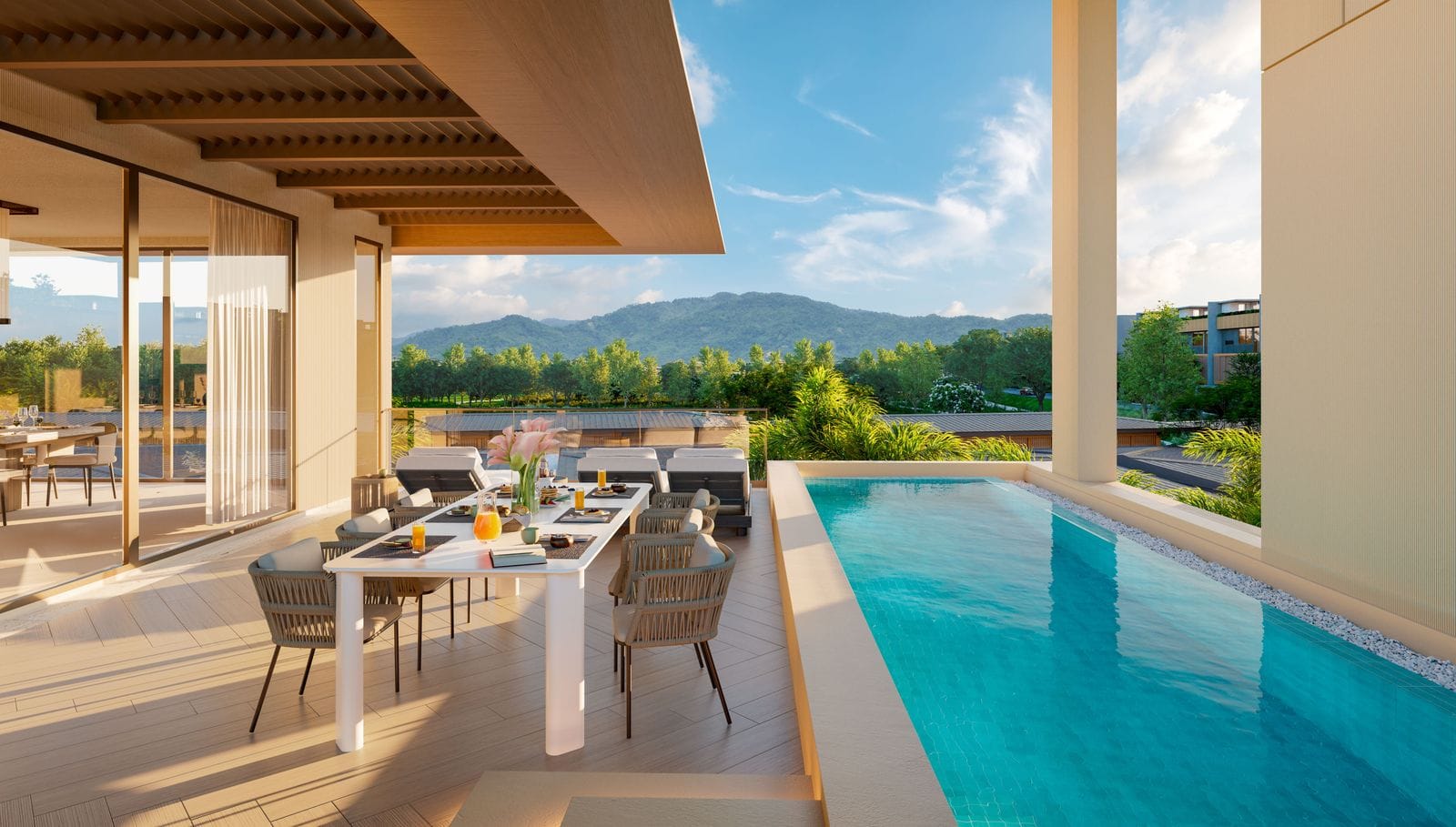 Banyan Tree Beach Residences Nerea 一個下層複式上層的露台泳池及餐檯效果圖