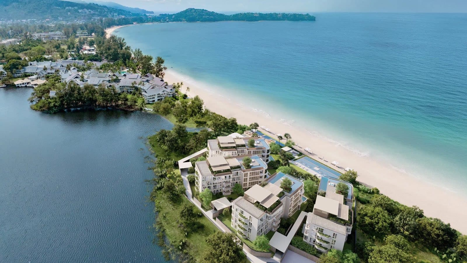 Banyan Tree Beach Residences Oceanus 的高空電腦效果圖:低密度臨海樓宇立於 Phuket、Bang Tao 的沙上,遠方是安達曼海
