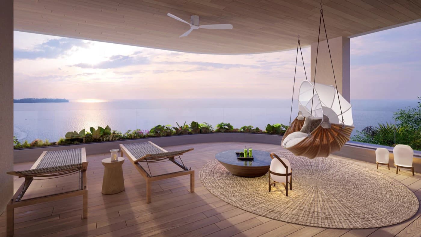 Phuket、Banyan Tree Beach Residences Oceanus 露台的電腦效果圖:日落時分向西望向安達曼海