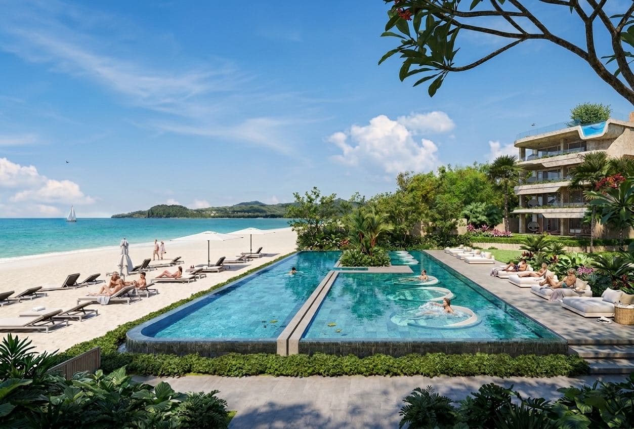 Banyan Tree Beach Residences Oceanus 臨海公共泳池的電腦效果圖:泳池位於住宅樓宇與 Bang Tao 海灘的沙之間