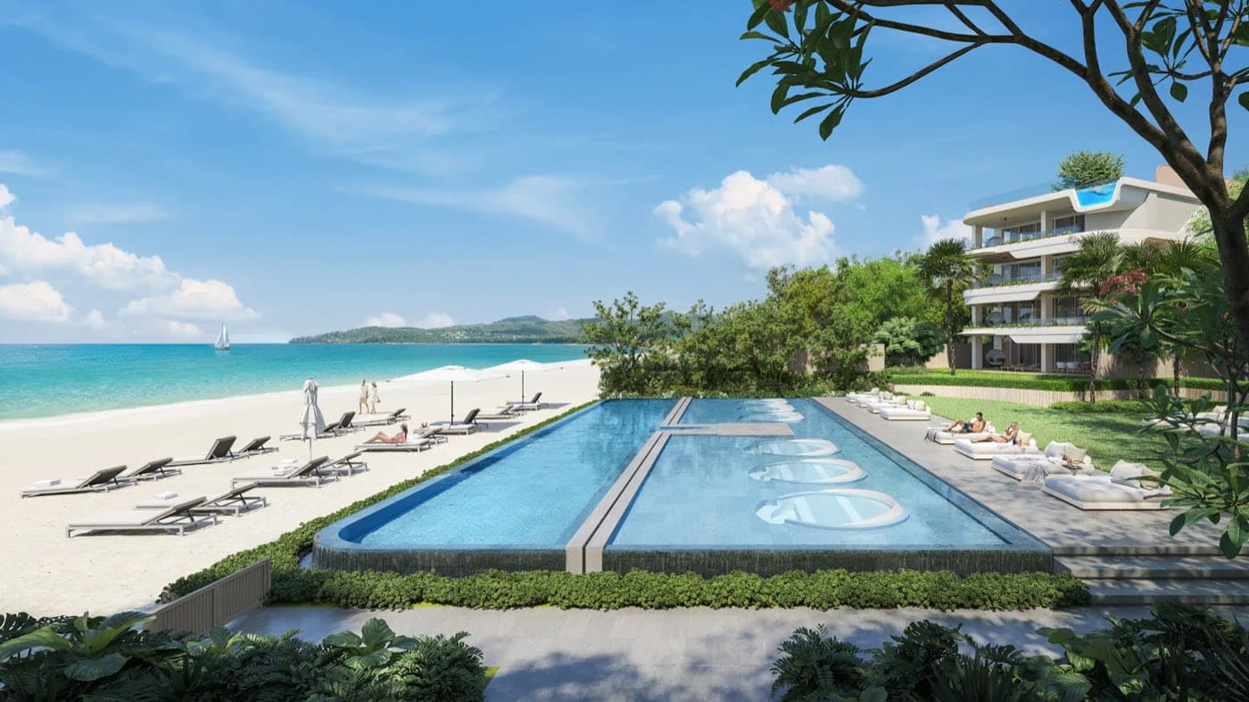Banyan Tree Beach Residences Oceanus 公共泳池的電腦效果圖:一條長泳池置於四座樓宇之間,樹下設躺椅,遠方是大海