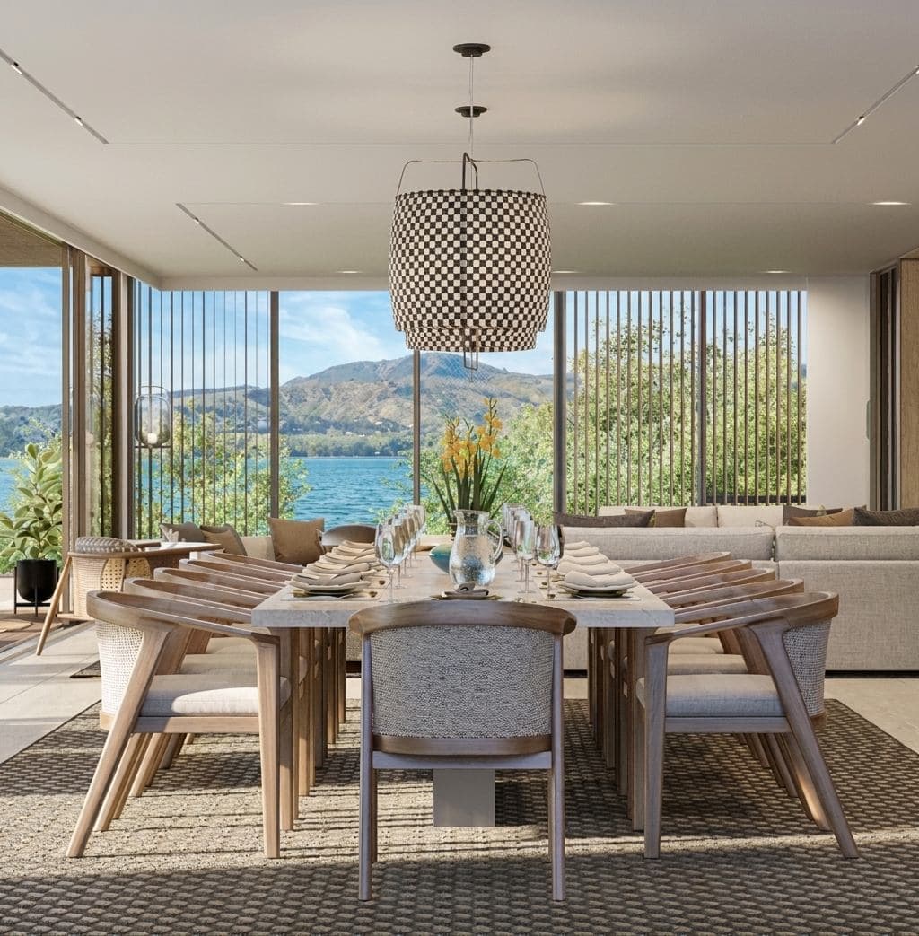 Banyan Tree Beach Residences Oceanus 飯廳的電腦效果圖:十人餐檯置於編織吊燈之下,玻璃外是潟湖與山巒