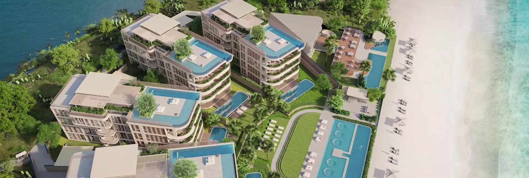 Computer-generated view from above of the four low buildings of Banyan Tree Beach Residences Oceanus between the lagoon and the sand of Bang Tao Beach, Laguna Phuket