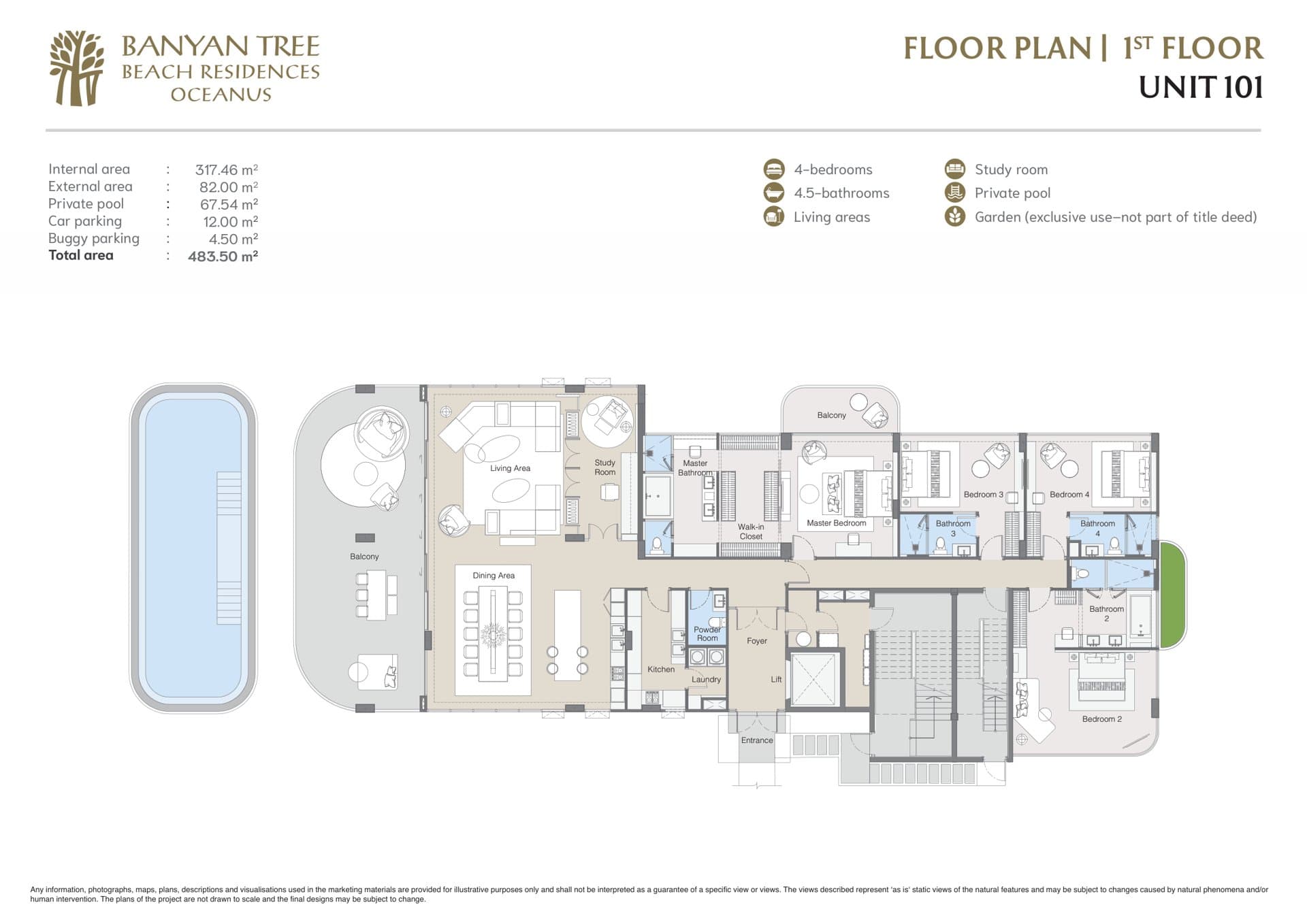 建商繪製的 Banyan Tree Beach Residences Oceanus 地面層住宅圖則,單位 101:四間臥室、四個半浴室、書房,室內 317.46 平方公尺,連 67.54 平方公尺私人泳池,總面積 483.50 平方公尺