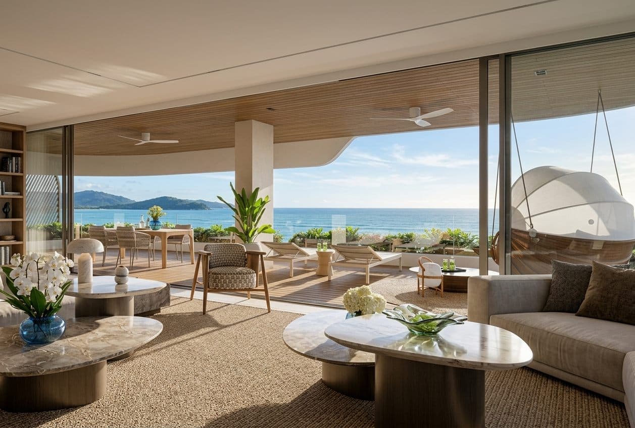 Banyan Tree Beach Residences Oceanus 客廳的電腦效果圖:13 米長的落地玻璃牆開向露台與安達曼海