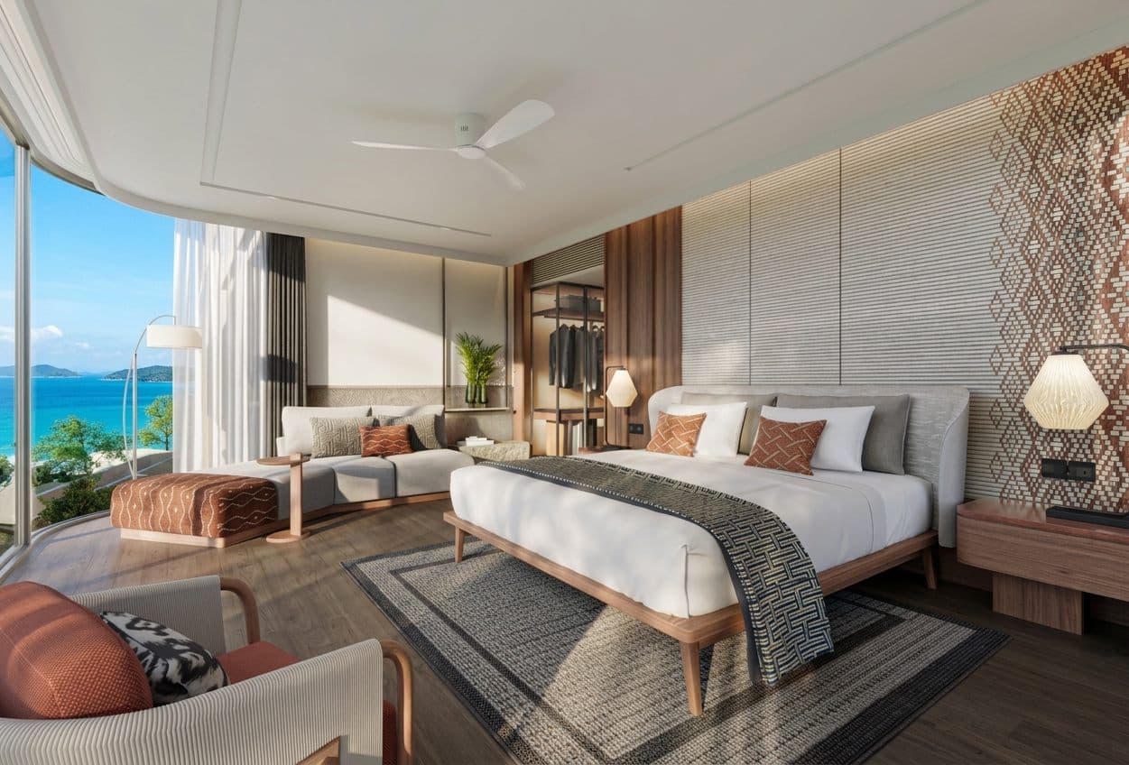 Banyan Tree Beach Residences Oceanus 主人臥室的電腦效果圖:弧形轉角玻璃開向安達曼海