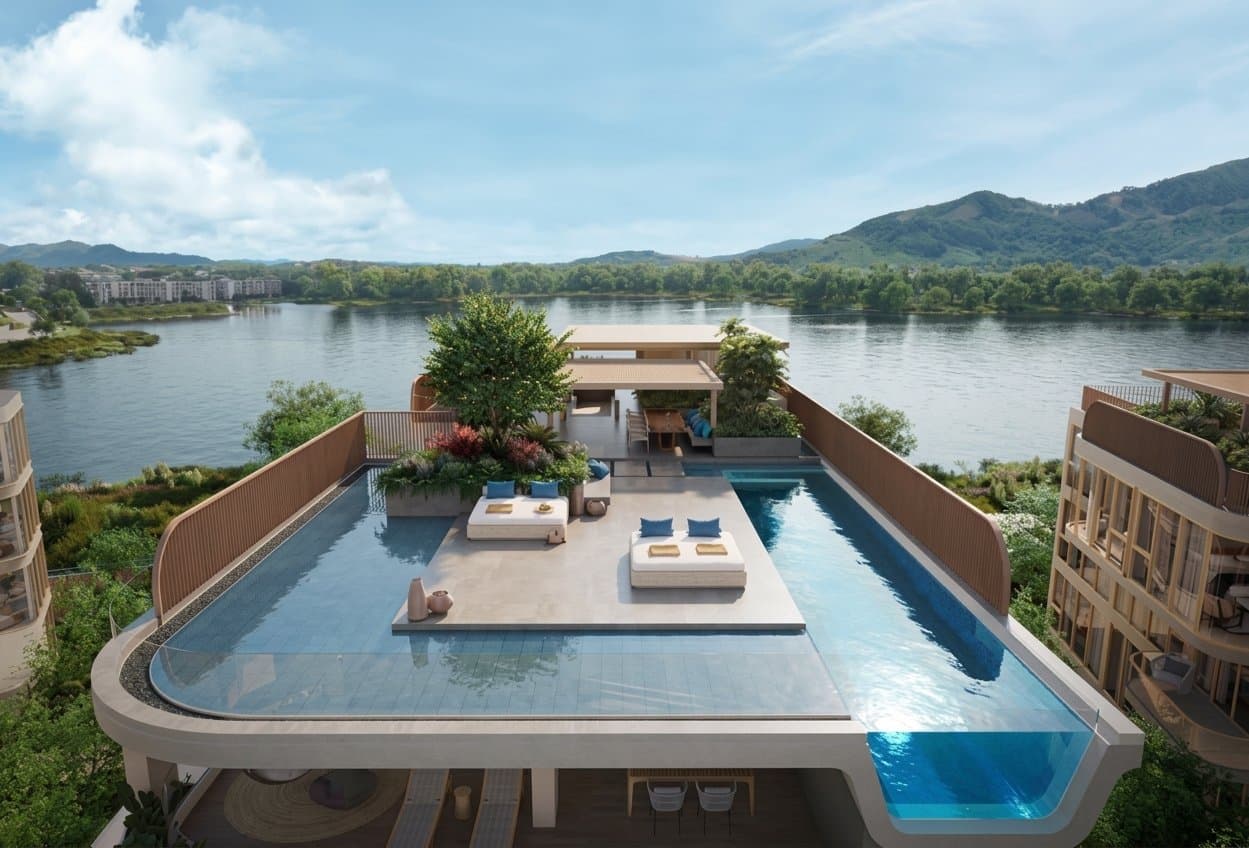Banyan Tree Beach Residences Oceanus 頂層特色單位天台的俯瞰電腦效果圖:私人泳池與涼亭,後方是樓宇背面的潟湖