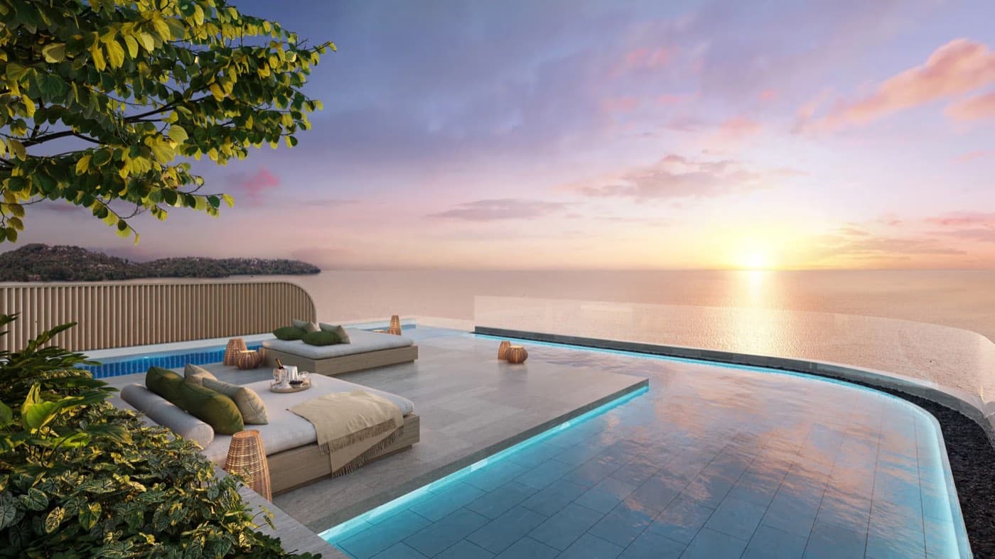 Banyan Tree Beach Residences Oceanus 頂層特色單位天台泳池的日間電腦效果圖:41 平方公尺私人泳池與日光躺椅置於天台平台,下臨 Bang Tao 海灘