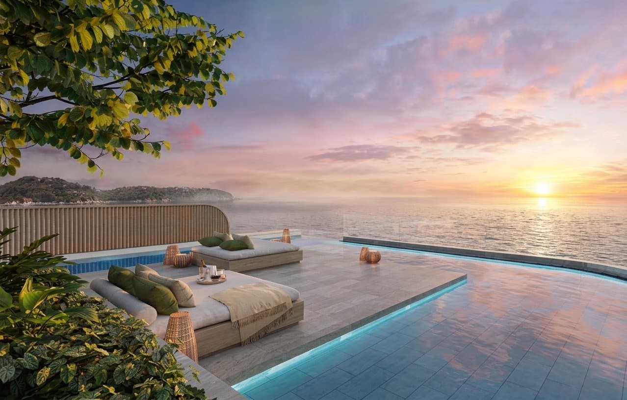 Banyan Tree Beach Residences Oceanus 頂層特色單位天台泳池的日落電腦效果圖:日光躺椅置於平台之上,下臨安達曼海