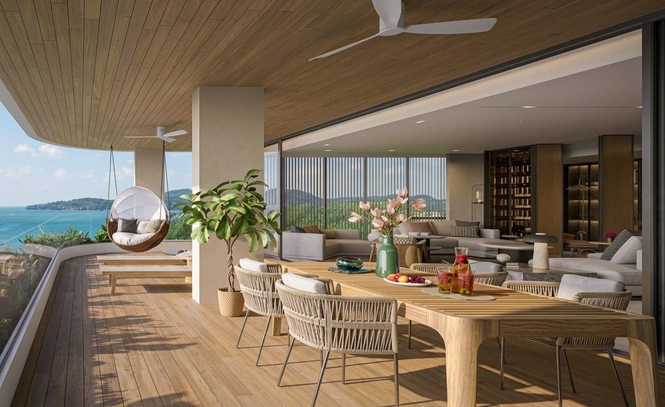 Banyan Tree Beach Residences Oceanus 頂層特色單位露台的電腦效果圖:八人戶外餐檯,後方是酒窖與客廳