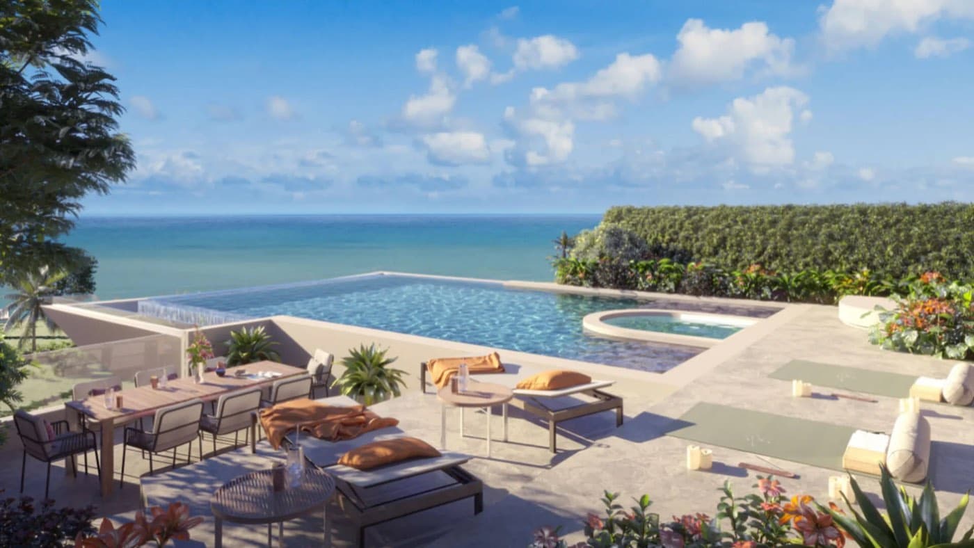 ภาพจำลองสระว่ายน้ำส่วนตัวของยูนิตที่ Banyan Tree Beach Residences Sirena ภูเก็ต มีตัวอาคารอยู่ด้านหลัง