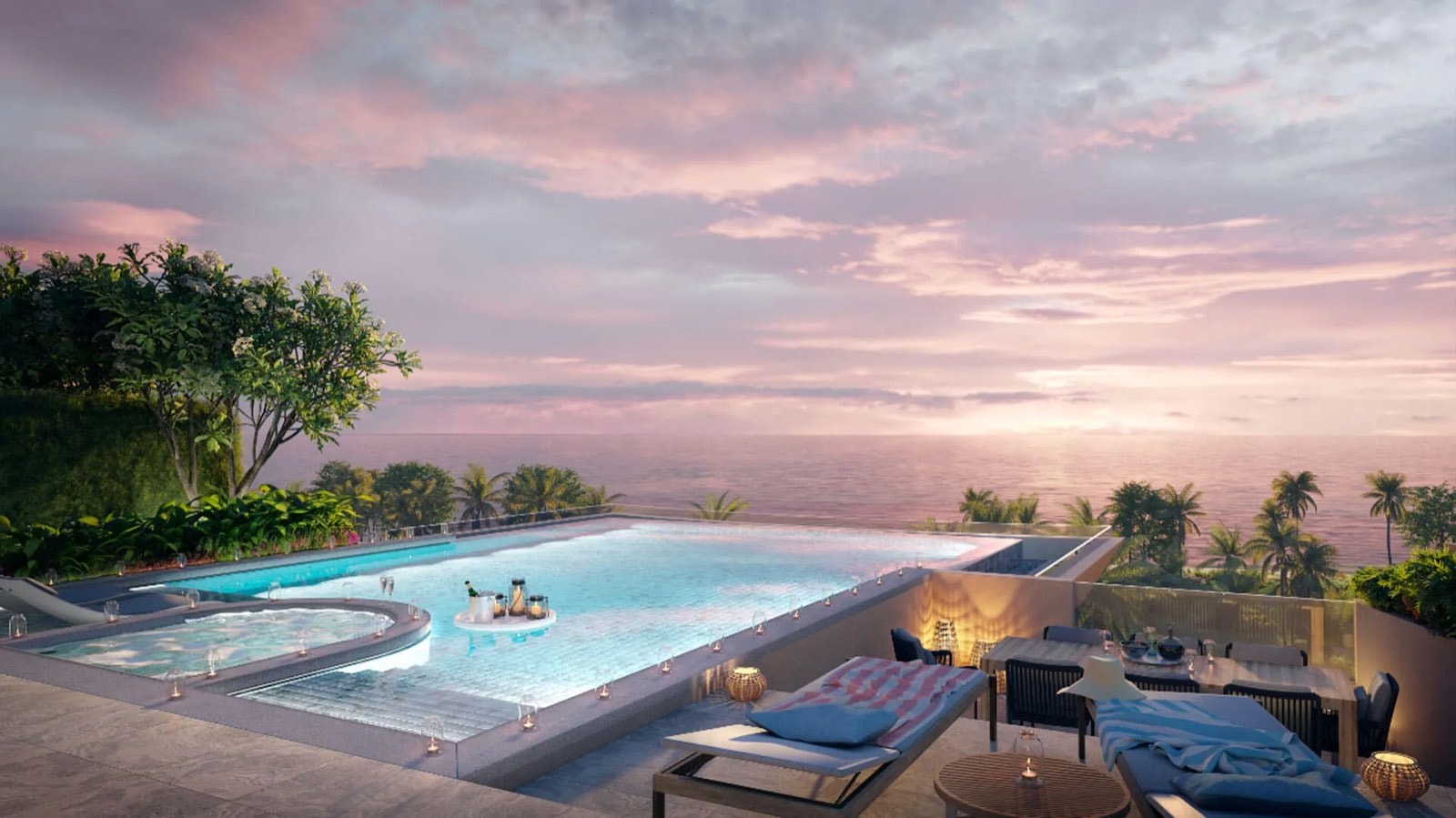 Палуба на крыше пентхауса в Banyan Tree Beach Residences Sirena в сумерках, компьютерная визуализация: собственный бассейн и джакузи над деревьями, за ними Андаманское море