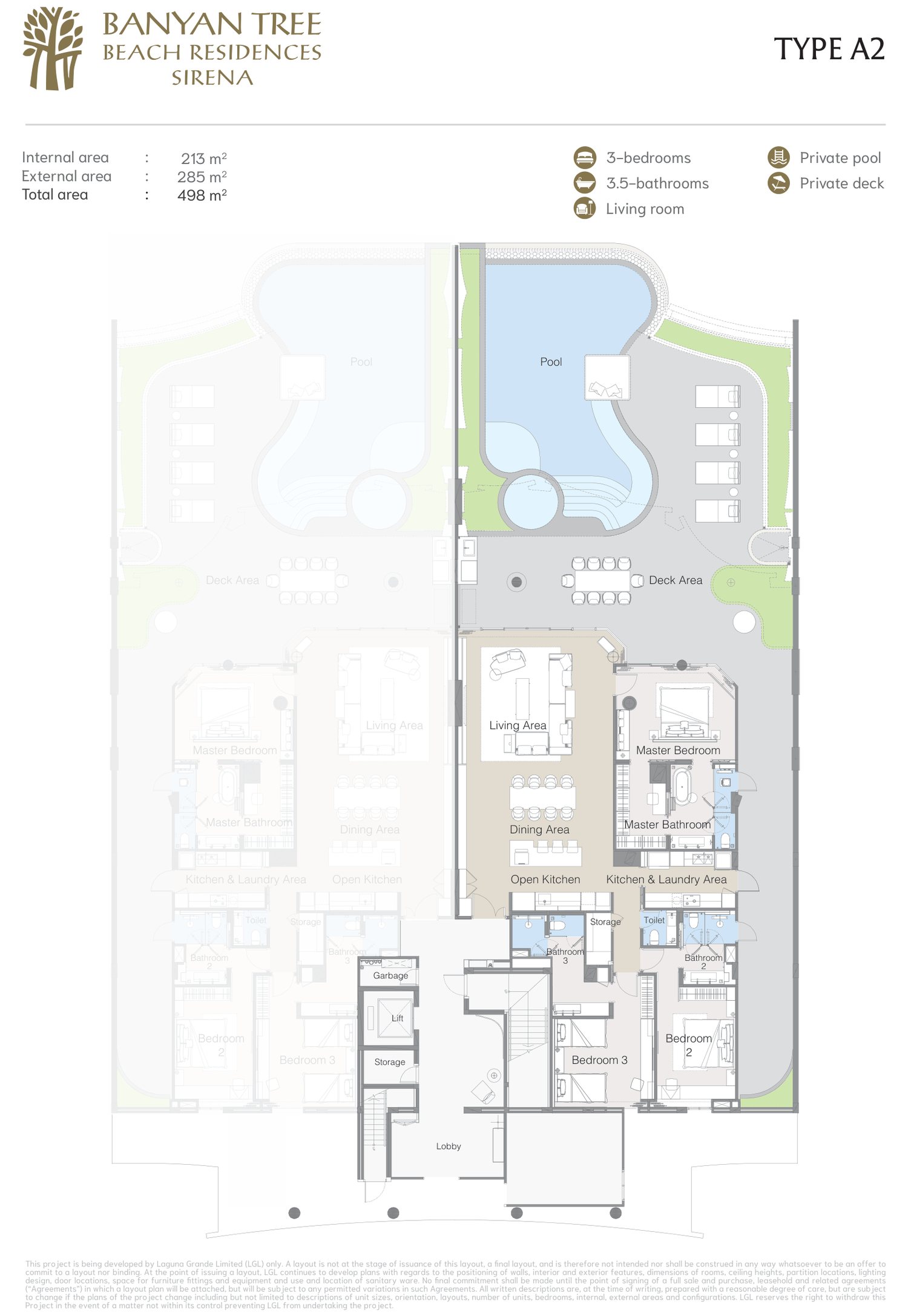 Планировка застройщика резиденции типа A2 на первом этаже в Banyan Tree Beach Residences Sirena (резиденция 112): три спальни, садовая палуба, бассейн и джакузи