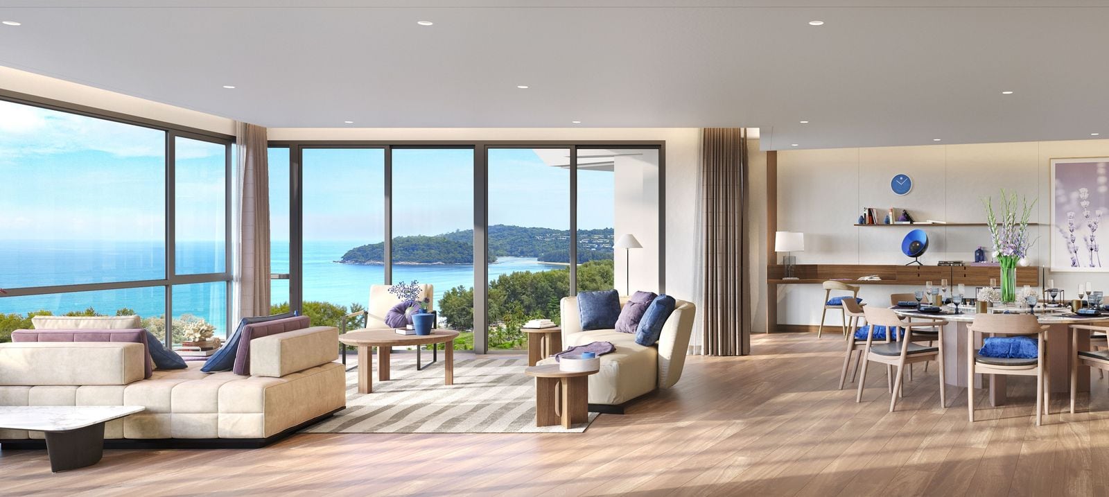 ภาพจำลองห้องนั่งเล่นและรับประทานอาหารของยูนิตที่ Banyan Tree Beach Residences Sirena ผนังกระจกเปิดสู่ลาน