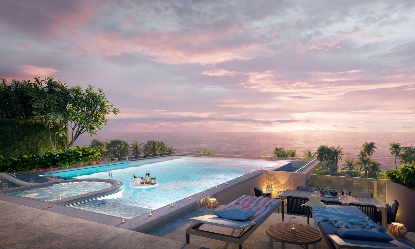 ภาพจำลองสระบนดาดฟ้าเพนท์เฮาส์ที่ Banyan Tree Beach Residences Sirena ยามพระอาทิตย์ตก มีทะเลอยู่ไกลออกไป
