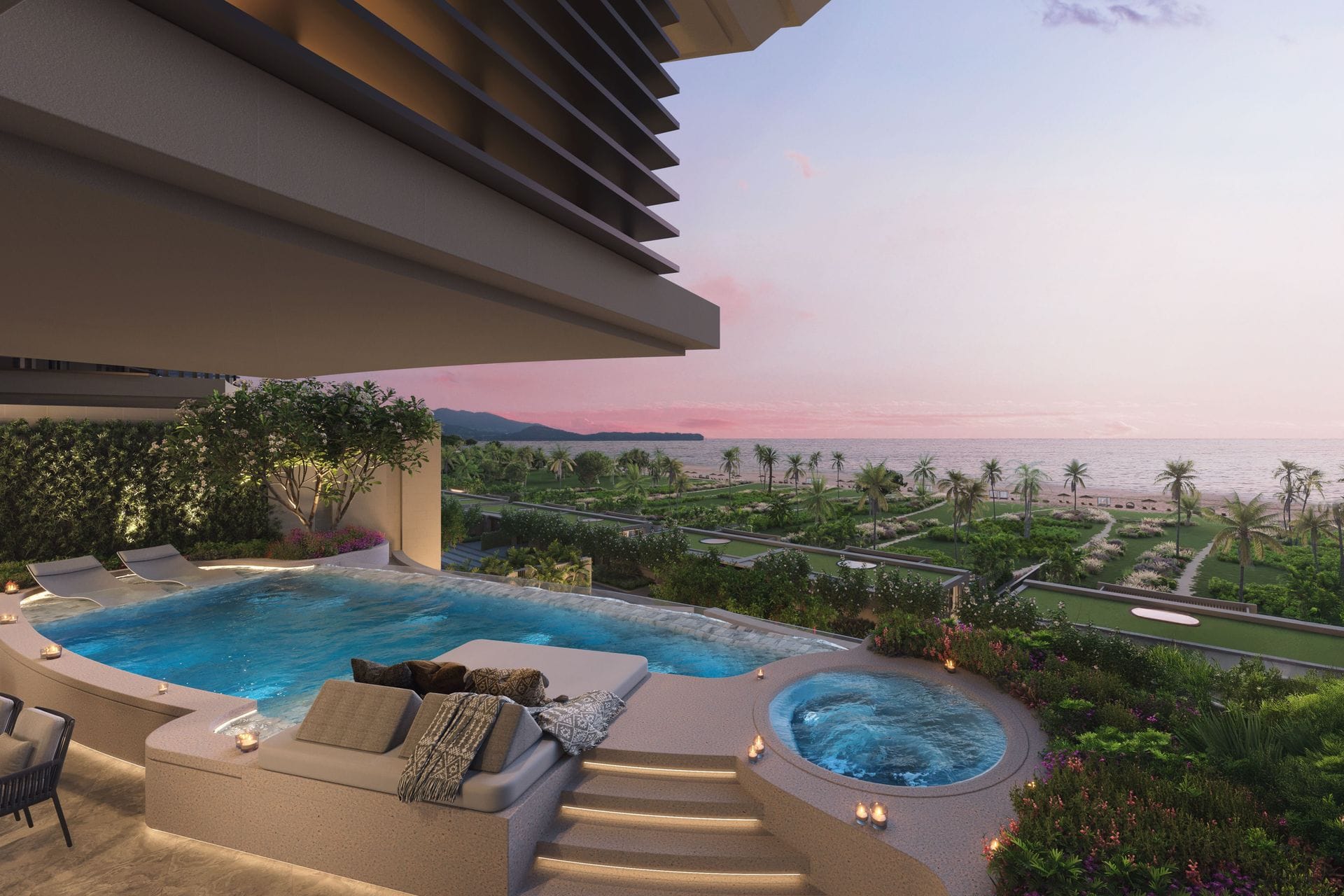 ภาพจำลองสระบนลานและสปาทรงกลมที่ Banyan Tree Beach Residences Sirena ยามพลบค่ำ มองข้ามหลังคาสีเขียวของวิลล่า Aegir ไปยังหาด Bang Tao และทะเล