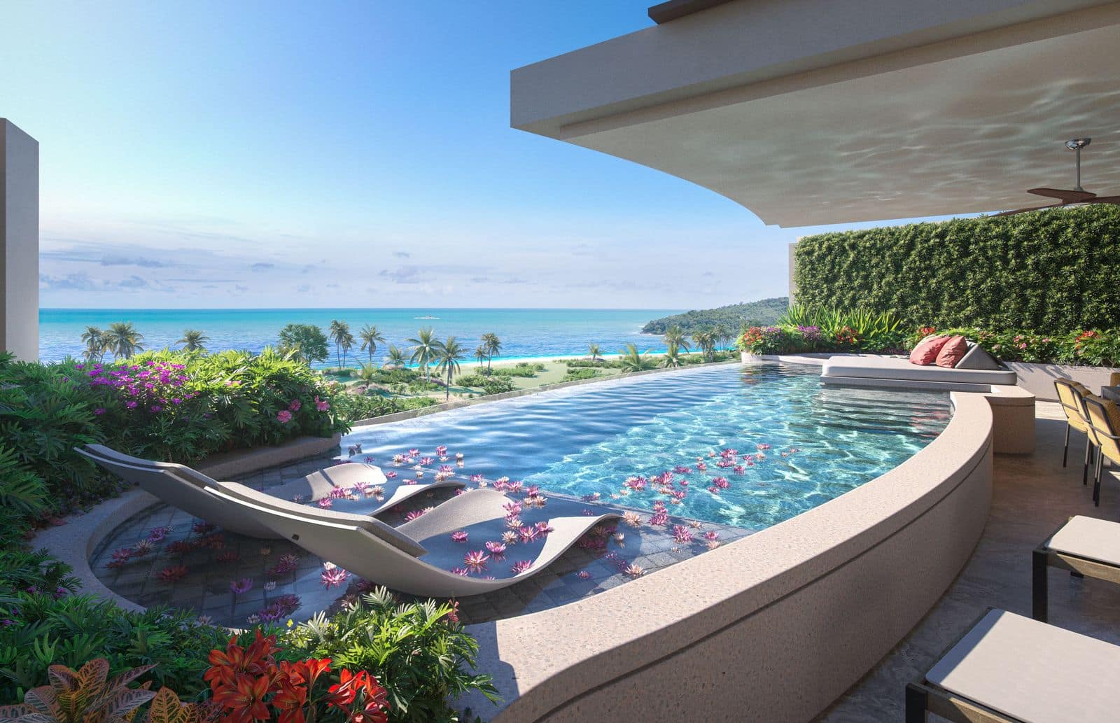 ภาพจำลองสระโค้งบนลานของยูนิตแบบ C ที่ Banyan Tree Beach Residences Sirena