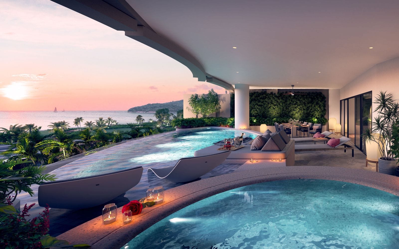 ภาพจำลองสระบนลานของยูนิตชั้นสามแบบ C ที่ Banyan Tree Beach Residences Sirena ยามพลบค่ำ