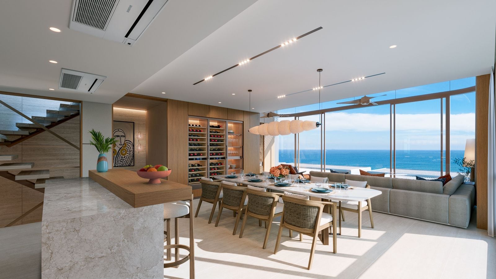 ภาพจำลองครัวและมุมรับประทานอาหารบนชั้นสามของทาวน์โฮมที่ Banyan Tree Beach Residences Varuna