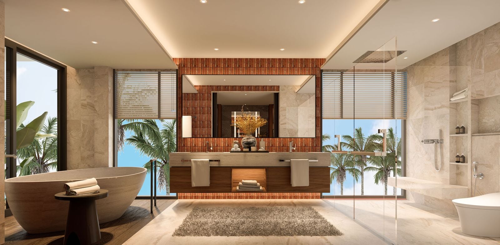 ภาพจำลองห้องน้ำหลักของทาวน์โฮมที่ Banyan Tree Beach Residences Varuna: อ่างอาบน้ำแบบตั้งอิสระและอ่างล้างหน้าคู่