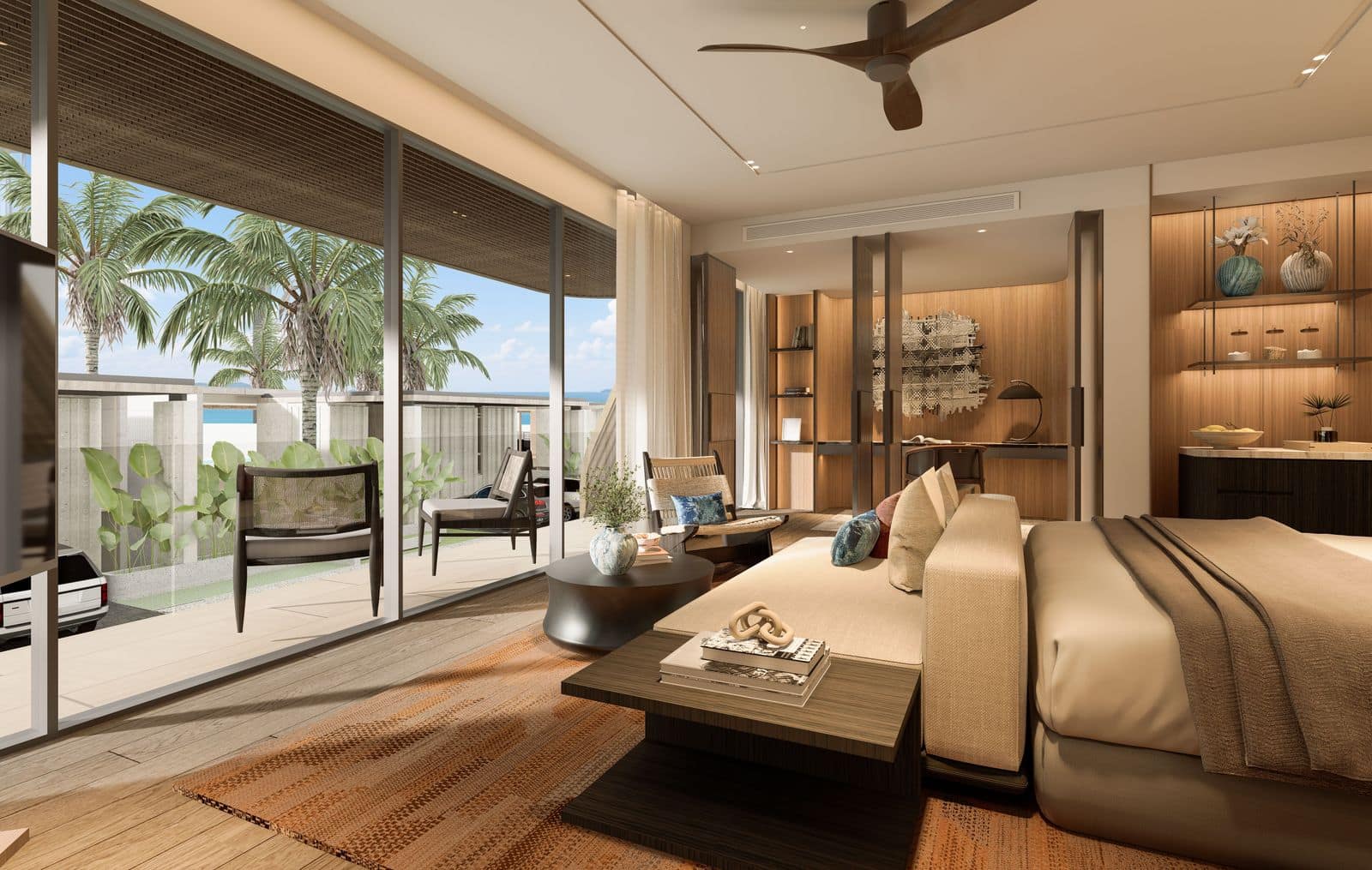 ภาพจำลองห้องนอนหลักของทาวน์โฮมที่ Banyan Tree Beach Residences Varuna ซึ่งอยู่เต็มชั้น เปิดออกสู่ลาน