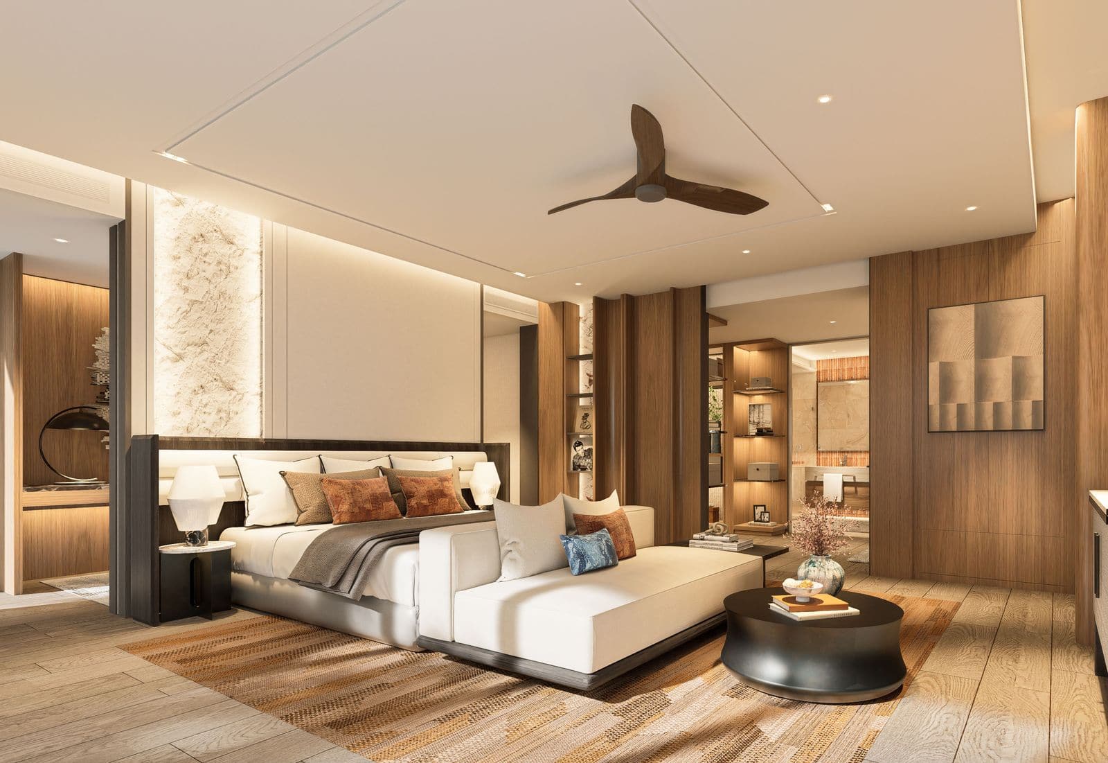 ภาพจำลองห้องนอนหลักของทาวน์โฮมที่ Banyan Tree Beach Residences Varuna มีมุมนั่งเล่นและชั้นวางบิลต์อิน
