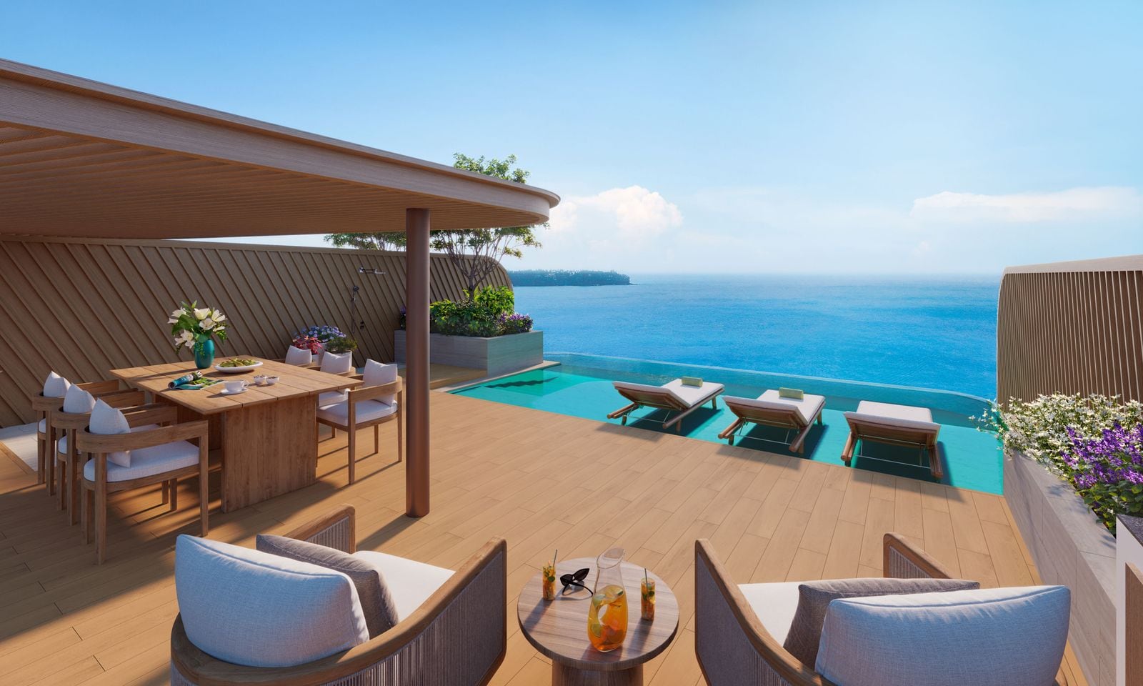 ภาพจำลองเด็คดาดฟ้าที่ Banyan Tree Beach Residences Varuna ในเวลากลางวัน: สระ เก้าอี้อาบแดด และโต๊ะรับประทานอาหารใต้หลังคาที่หันหน้าสู่ทะเล