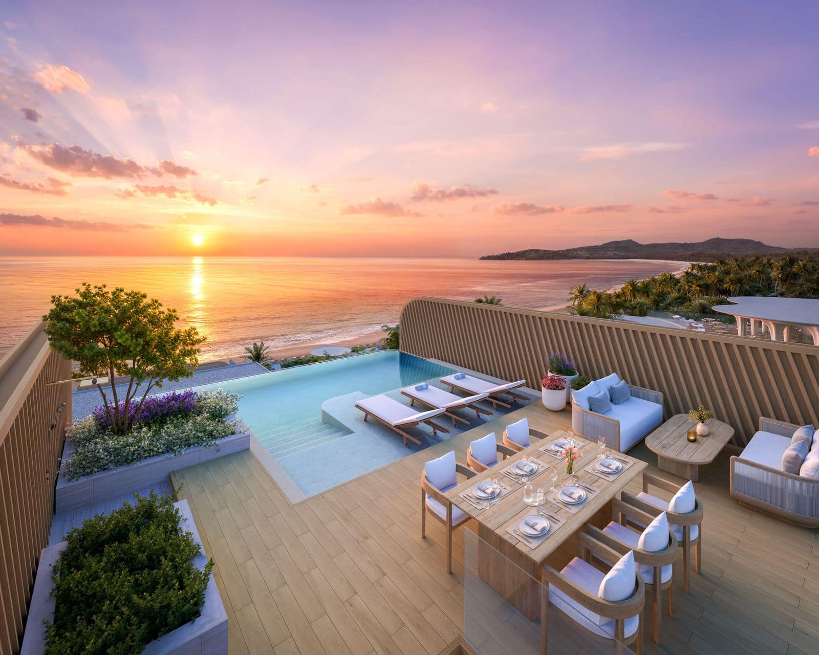 ภาพจำลองดาดฟ้าที่ Banyan Tree Beach Residences Varuna ยามพระอาทิตย์ตก: สระส่วนตัว โต๊ะรับประทานอาหาร และมุมพักผ่อน มีทะเลและแหลมอยู่ไกลออกไป