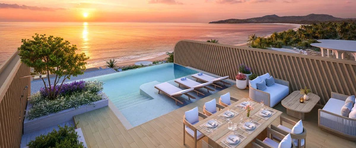 Бассейн-инфинити на крыше в Banyan Tree Beach Residences Varuna на закате, компьютерная визуализация: шезлонги и обеденный стол на террасе над Андаманским морем