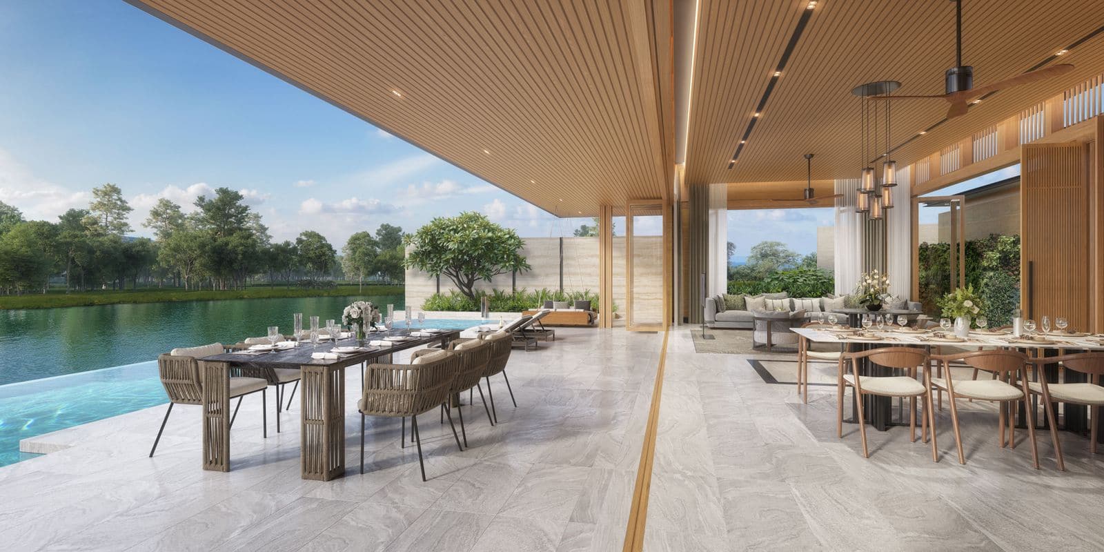ภาพจำลองลานมีหลังคาพร้อมโต๊ะรับประทานอาหารข้างสระของวิลล่าที่ Banyan Tree Lake Residences Yara มีลากูนอยู่ถัดไป
