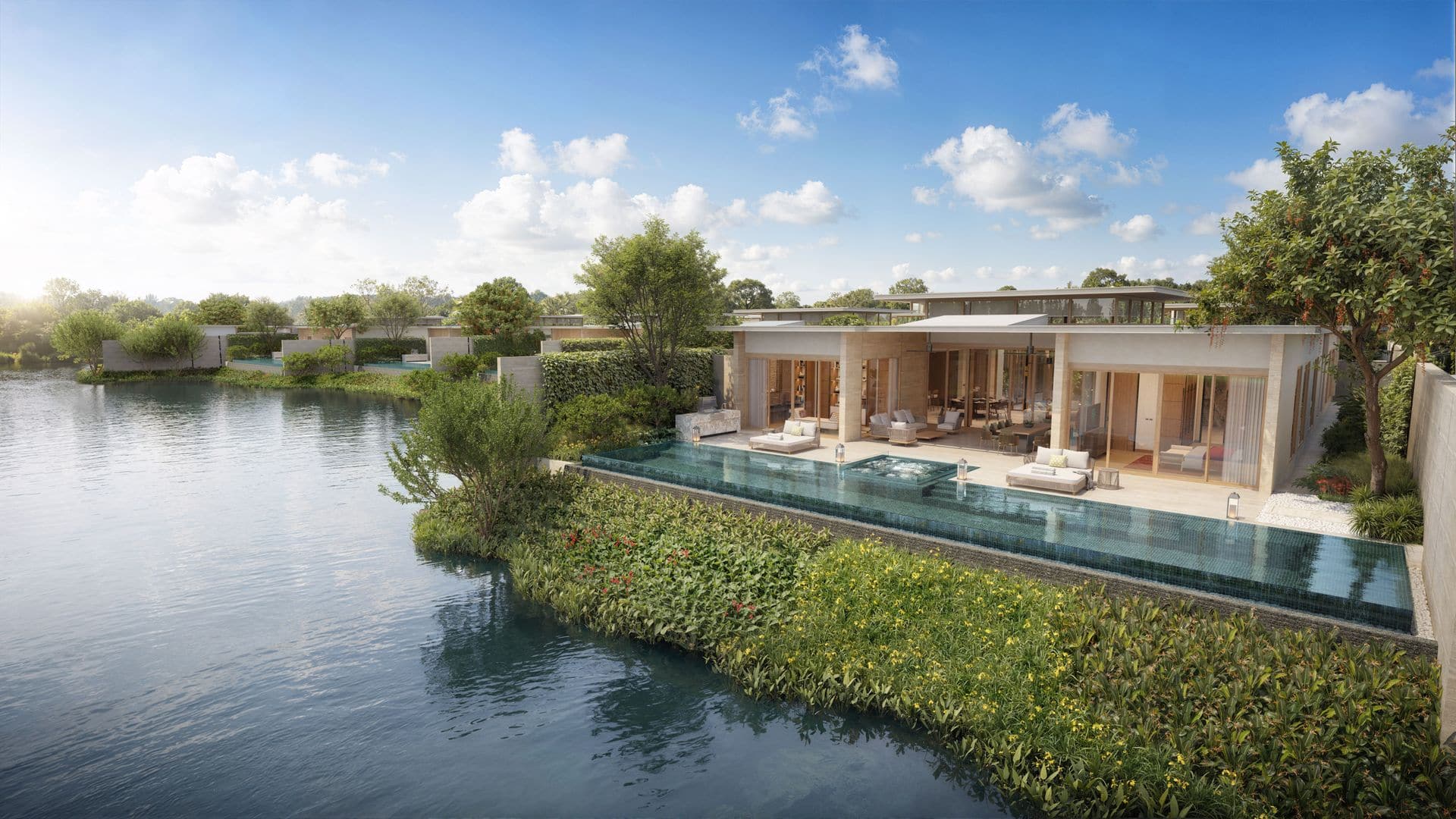 ภาพจำลองวิลล่าชั้นเดียวที่ Banyan Tree Lake Residences Yara ริมขอบ Banyan Tree Lagoon ใน Laguna Phuket: สระอินฟินิตี้ยาวพร้อมจากุซซี่ ห้องนั่งเล่นแบบเปิดอยู่ด้านหลัง และวิลล่าข้างเคียงเรียงไปตามริมน้ำ