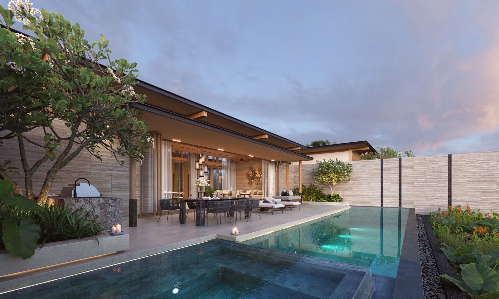 ภาพจำลองลานของวิลล่าสามห้องนอนที่ Banyan Tree Lake Residences Yara ยามพลบค่ำ: เคาน์เตอร์บาร์บีคิว สระที่เปิดไฟ และห้องนั่งเล่น
