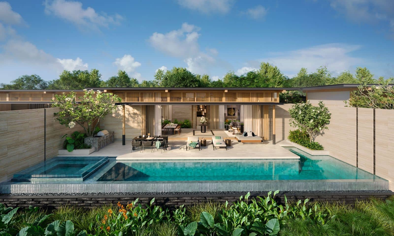 ภาพจำลองวิลล่าสามห้องนอนที่ Banyan Tree Lake Residences Yara: สระส่วนตัวที่มีจากุซซี่อยู่ปลายสระ ลานกลางแจ้ง และห้องนั่งเล่น