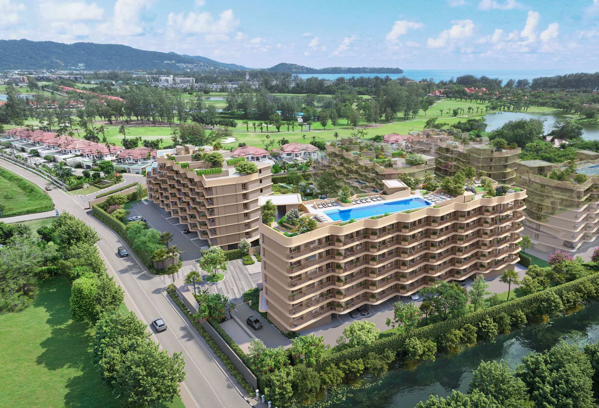 Computer-generated aerial view of the Pentas and Hibiscus buildings of Bellaguna Golf Residences beside the Laguna Golf course in Laguna Phuket, the rooftop pool on Pentas, Bang Tao Bay beyond