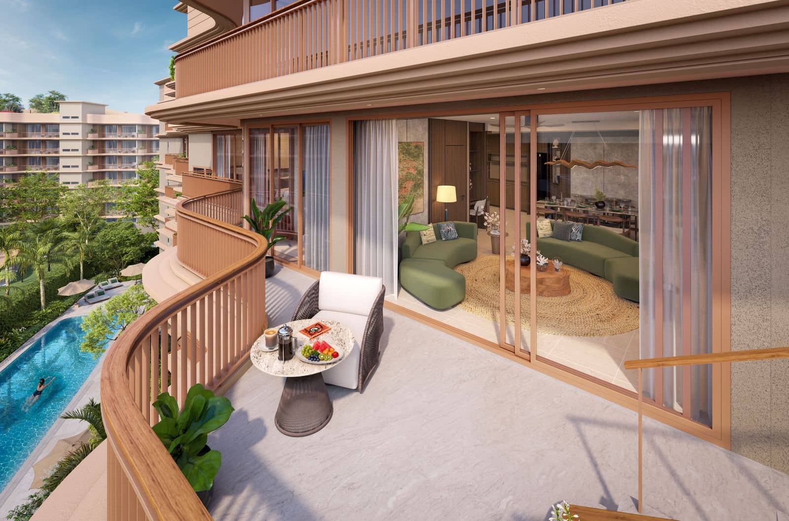 ภาพจำลองระเบียงทรงโค้งที่ Bellaguna Golf Residences เปิดเข้าสู่ห้องนั่งเล่น มีสระอยู่ด้านล่างในสวน