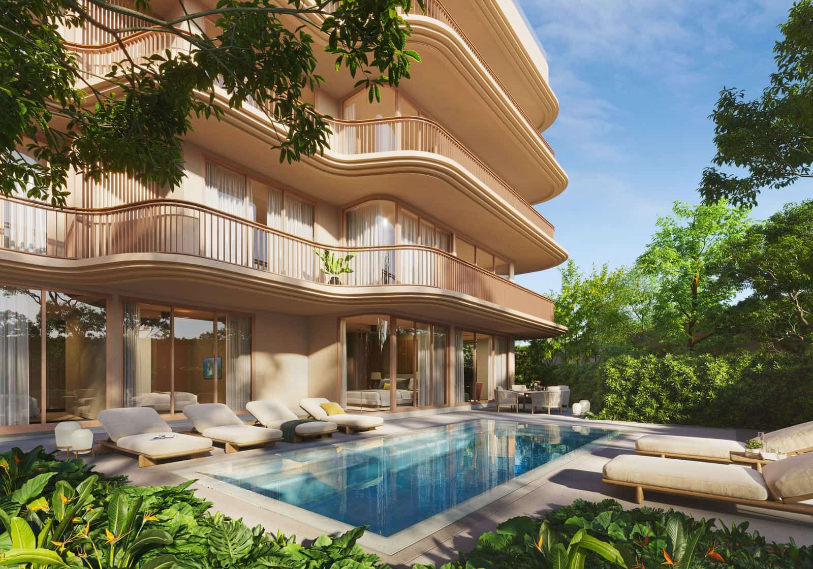 ภาพจำลองยูนิตชั้นล่างของ Bellaguna Golf Residences ที่มีสระและเก้าอี้อาบแดดของตัวเองในสวนเขตร้อน และอาคารทรงโค้งอยู่ด้านบน