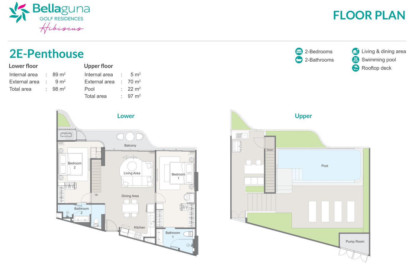 แบบแปลนของผู้พัฒนาสำหรับเพนท์เฮาส์สองห้องนอนแบบ 2E ในอาคาร Hibiscus ที่ Bellaguna Golf Residences ชั้นล่างและดาดฟ้า: รวม 195 ตร.ม. พร้อมสระส่วนตัว 22 ตร.ม.