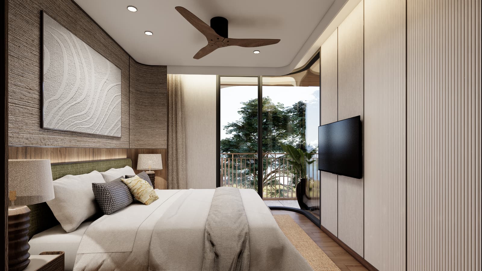 ภาพจำลองห้องนอนของห้องหนึ่งห้องนอนในอาคาร Hibiscus ที่ Bellaguna Golf Residences มีประตูออกสู่ระเบียง