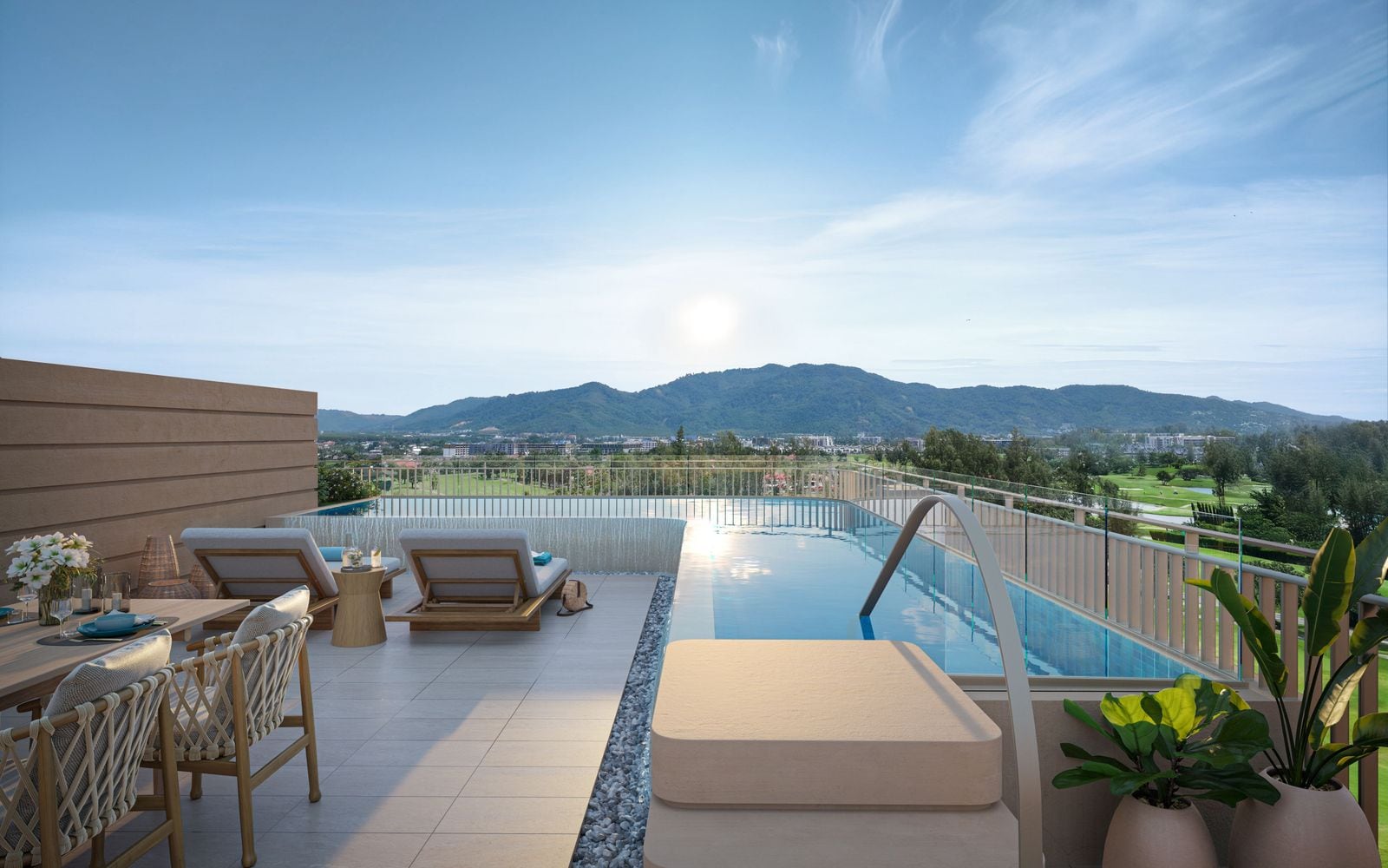 ภาพจำลองสระส่วนตัวบนดาดฟ้าเพนท์เฮาส์ที่ Bellaguna Golf Residences มีเก้าอี้อาบแดด และเนินเขาของภูเก็ตอยู่ไกลออกไป