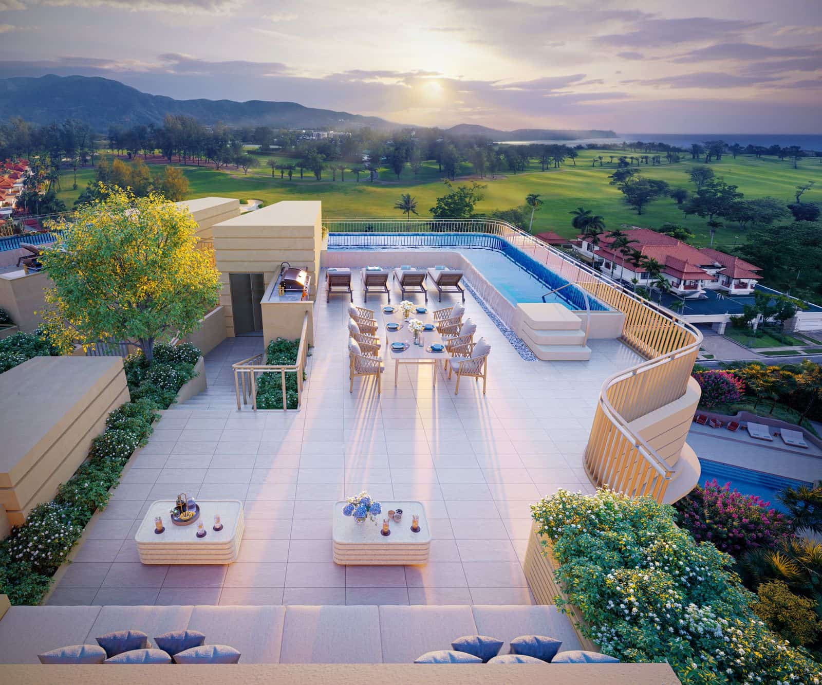 Computer-generated view from above of a penthouse roof in the Hibiscus building at Bellaguna Golf Residences, its private pool and dining terrace over the Laguna Golf course