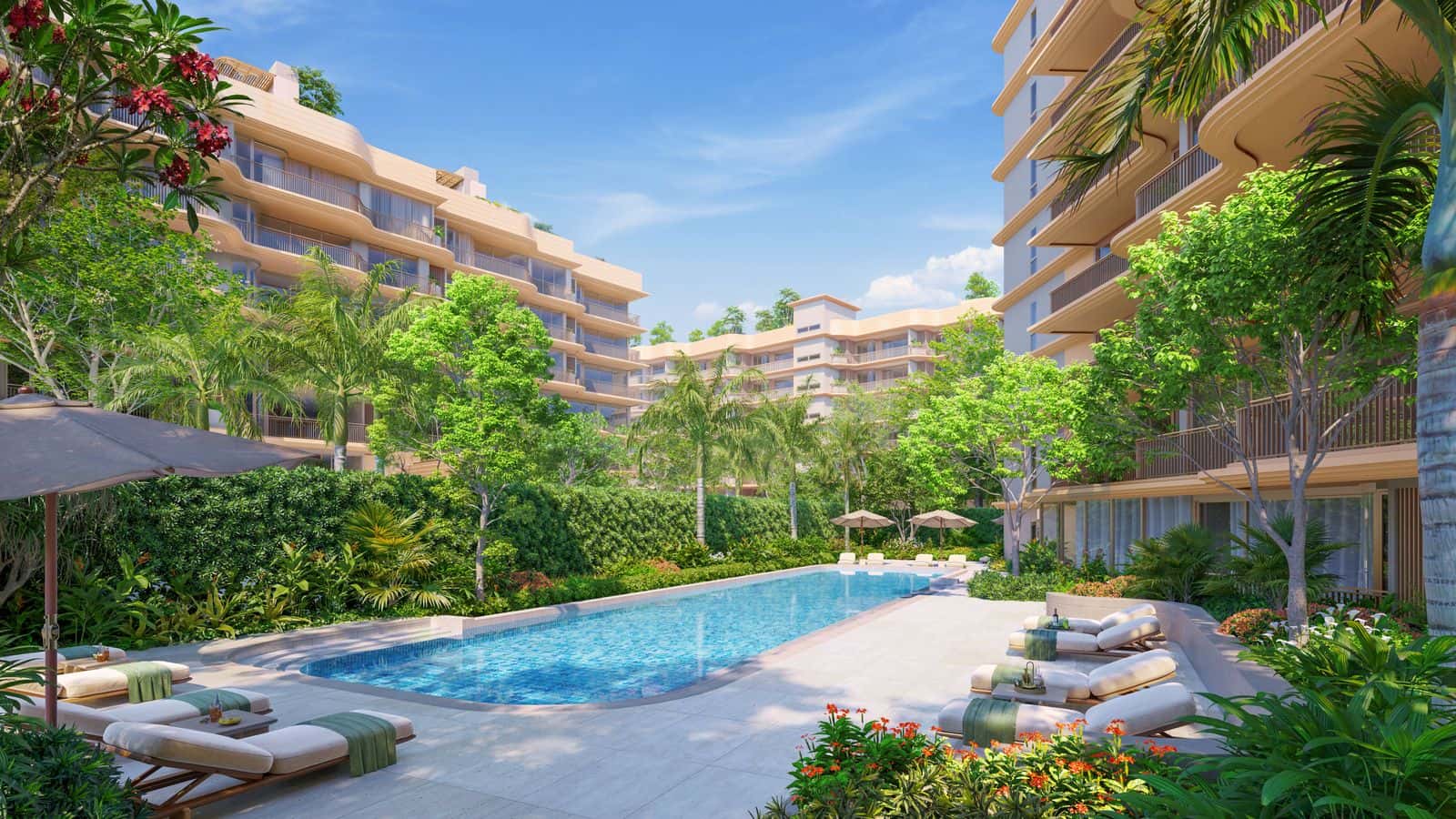 ภาพจำลองสระว่ายน้ำส่วนกลางของ Bellaguna Golf Residences ระหว่างอาคาร มีเก้าอี้อาบแดด ร่มกันแดด และสวนที่ปลูกต้นไม้ไว้