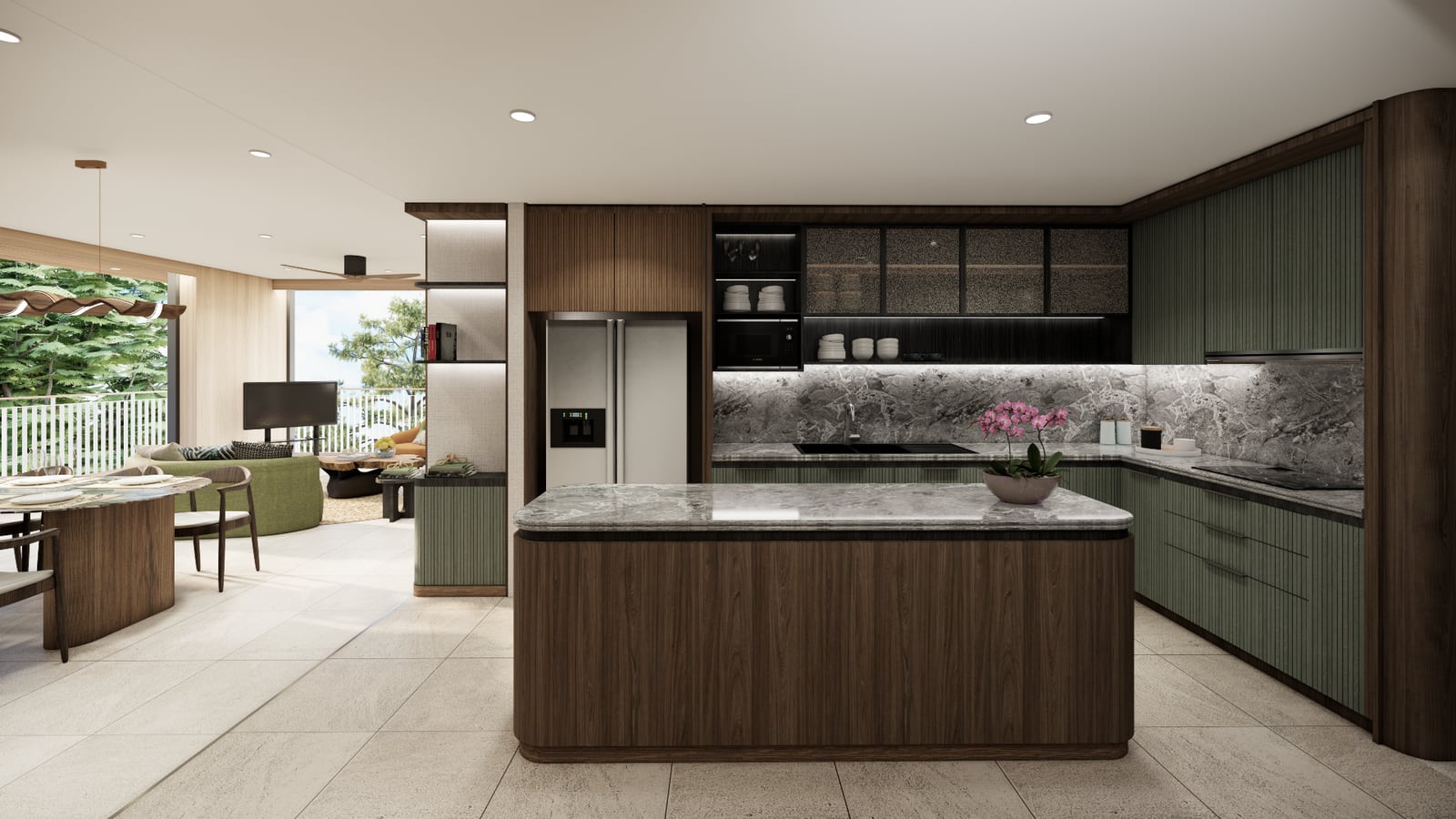 ภาพจำลองครัวของห้องสามห้องนอนในอาคาร Hibiscus ที่ Bellaguna Golf Residences มีไอส์แลนด์ท็อปหิน และห้องนั่งเล่นอยู่ถัดไป