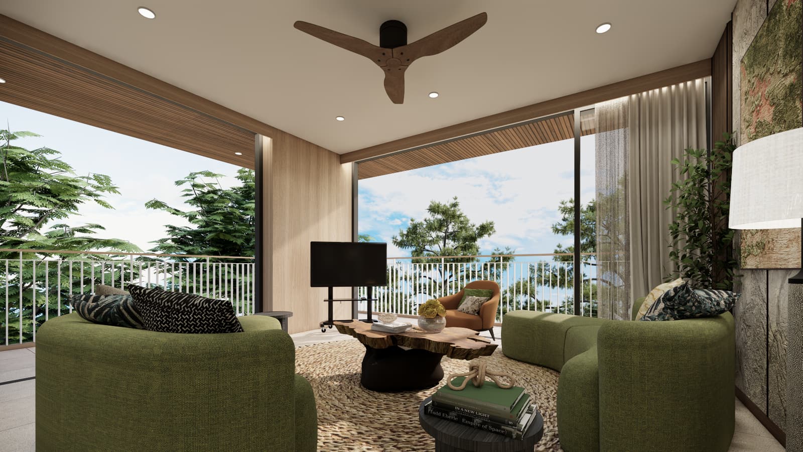 ภาพจำลองห้องนั่งเล่นของห้องสามห้องนอนในอาคาร Hibiscus ที่ Bellaguna Golf Residences ผนังกระจกเปิดสู่ระเบียงและแนวต้นไม้
